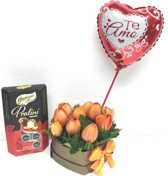  Caja Corazón de 10 Tulipanes, Bombones Goplana Praline Crema Almendra 186g y Globito
